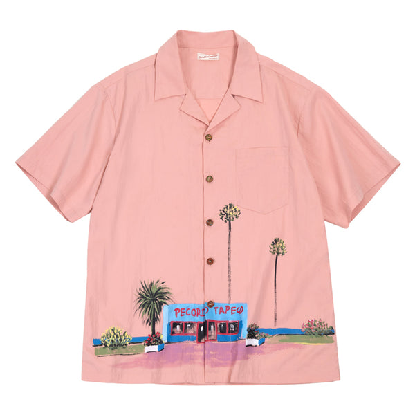 ピンクキューバシャツ　油絵柄  「海辺のレコードショップ」半袖シャツメンズシャツ