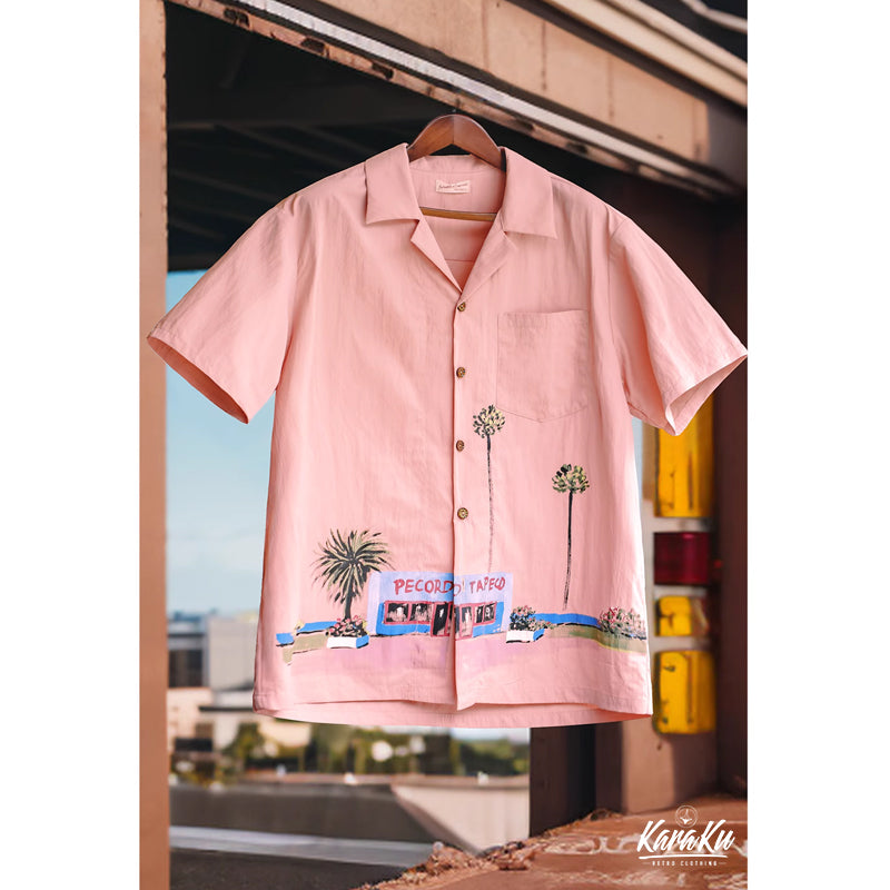 海辺のレコードショップ」油絵柄ピンクキューバシャツ-www.mwasaving.com